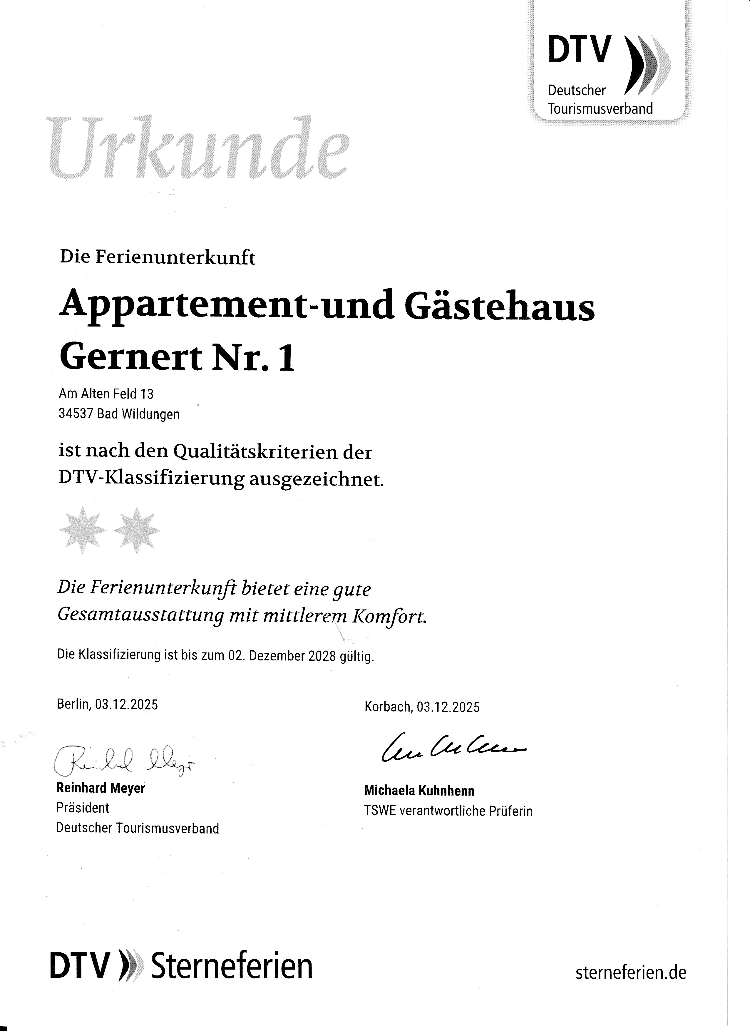 Zertifikat Ferienwohnung Gästehaus Gernert Nr. 1